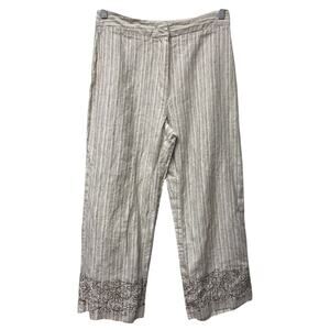 Pants Womens 10 Capri Linen Beige Brown Embroidered